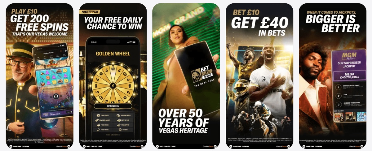 BetMGM Casino mobile app screenshots showing a free spins welcome offer, Golden Wheel daily prize, and the MGM Millions jackpot